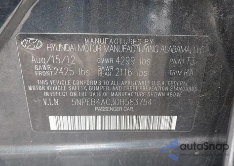 2013 Hyundai Sonata Gls z USA, uszkodzony, nr VIN 5NPEB4AC3DH583754